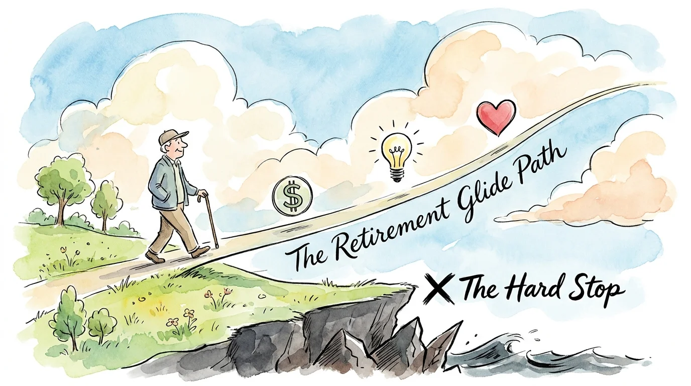 A conceptual watercolor illustration of a person walking up a gentle 'Retirement Glide Path' toward icons of money and family.