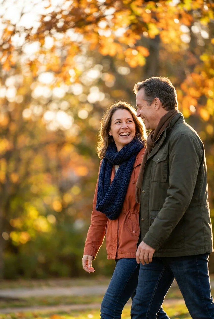 A couple walking and talking together in a park during sunset, representing a supportive partnership and shared goals.