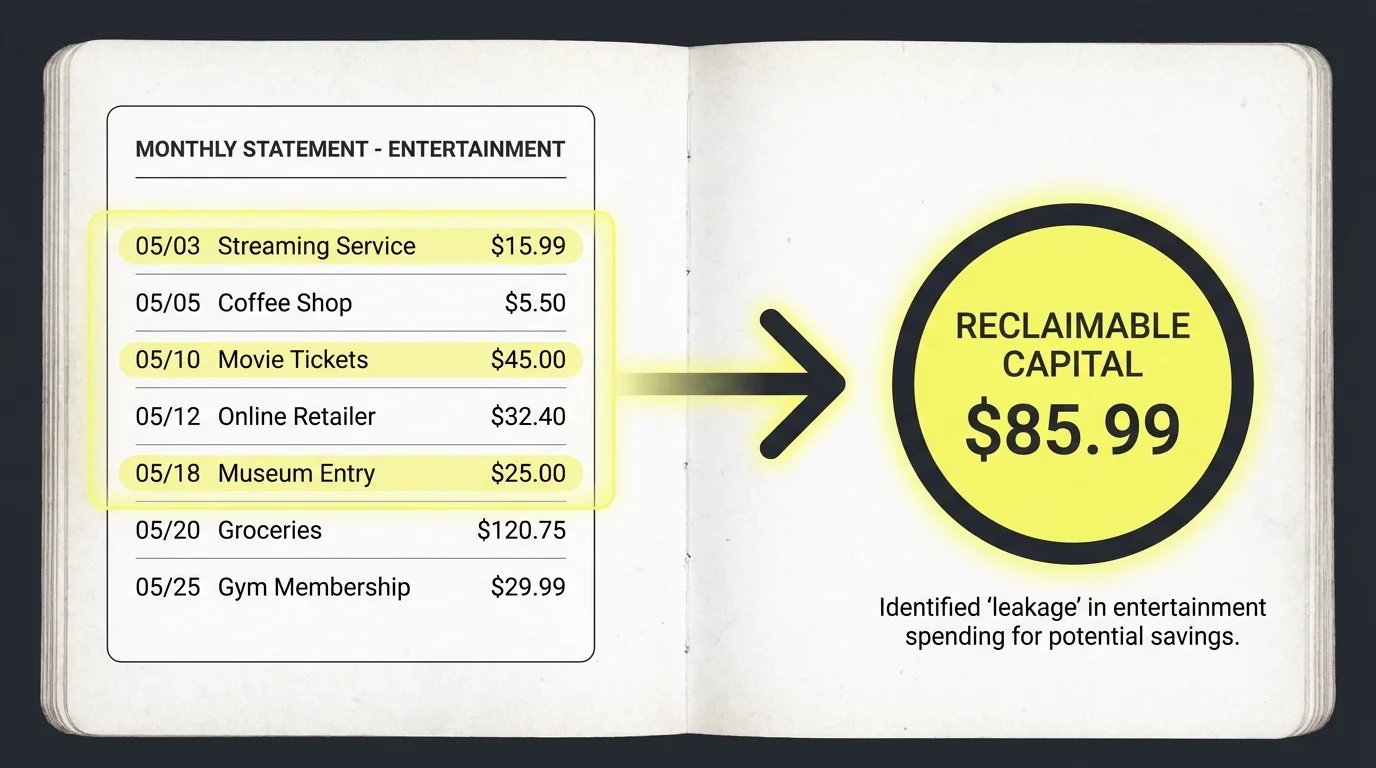 A diagram showing a bank statement with entertainment expenses highlighted and being redirected to a savings category.