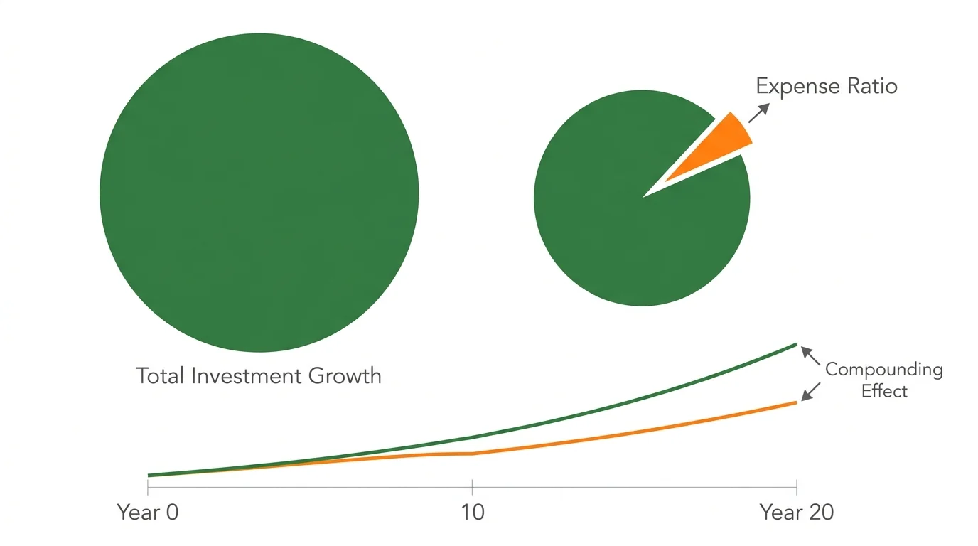 A diagram showing a small 'Expense Ratio' sliver being taken from a larger investment circle.