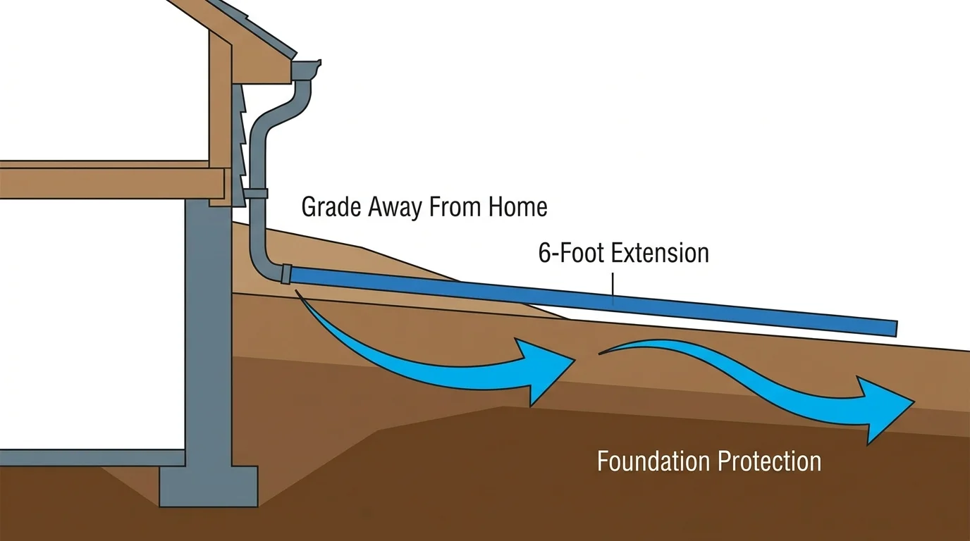 A diagram showing how to grade soil and extend downspouts to move water away from a house foundation.