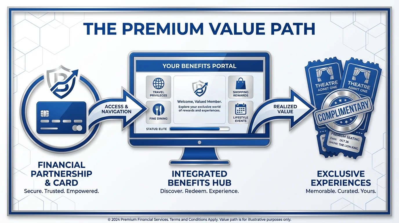 A diagram showing the path from a bank card to a benefits portal to complimentary theater tickets.