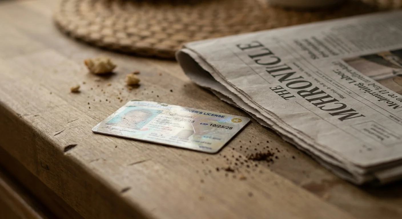 A driver's license and a newspaper on a kitchen counter.