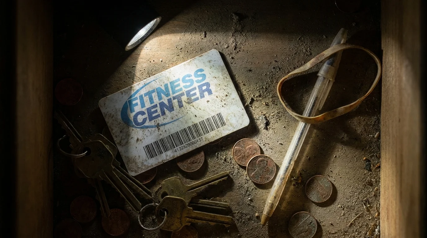 A dusty gym membership card forgotten in a drawer full of junk.