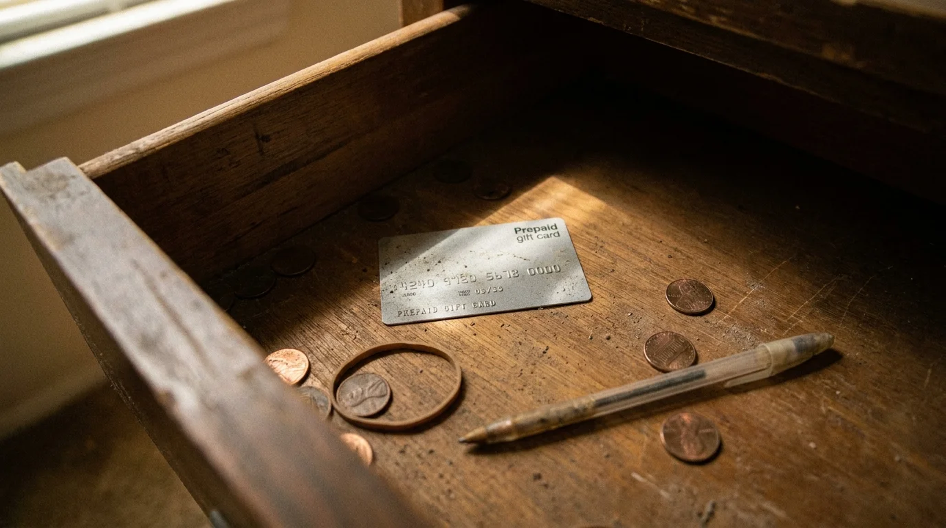 A dusty silver card lying in the corner of a cluttered desk drawer.