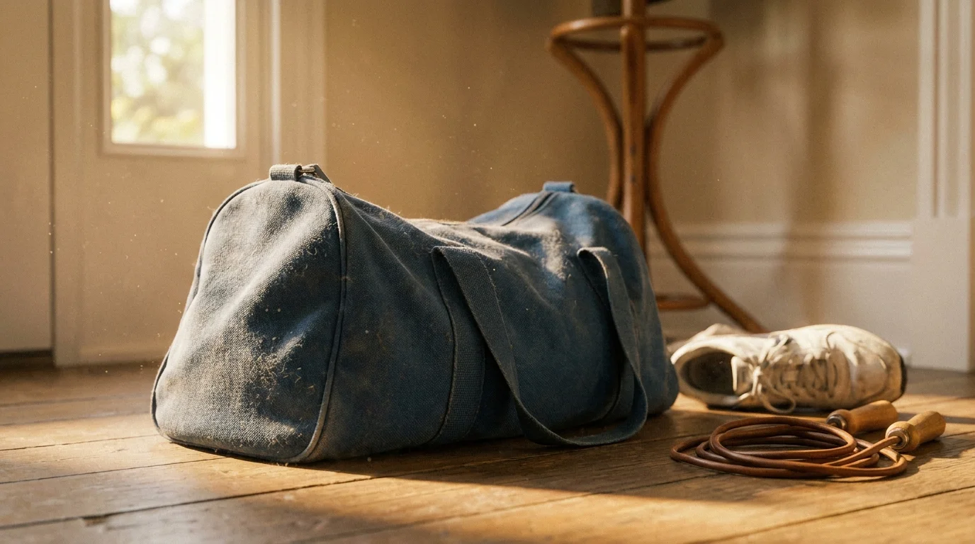 A dusty, slumped gym bag and a single shoe sitting on a wooden floor in soft morning light, symbolizing a forgotten membership.