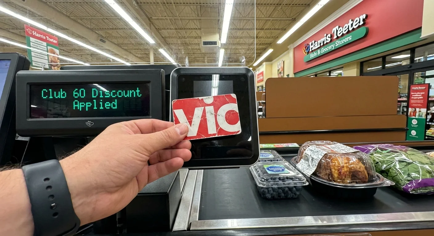 A first-person view of a shopper using their VIC card at a grocery register to trigger a senior discount.