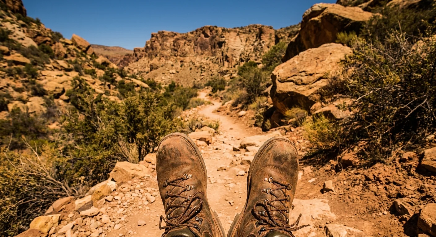 A first-person view of hiking boots on a rugged trail, representing the active nature of ElderTreks adventures.