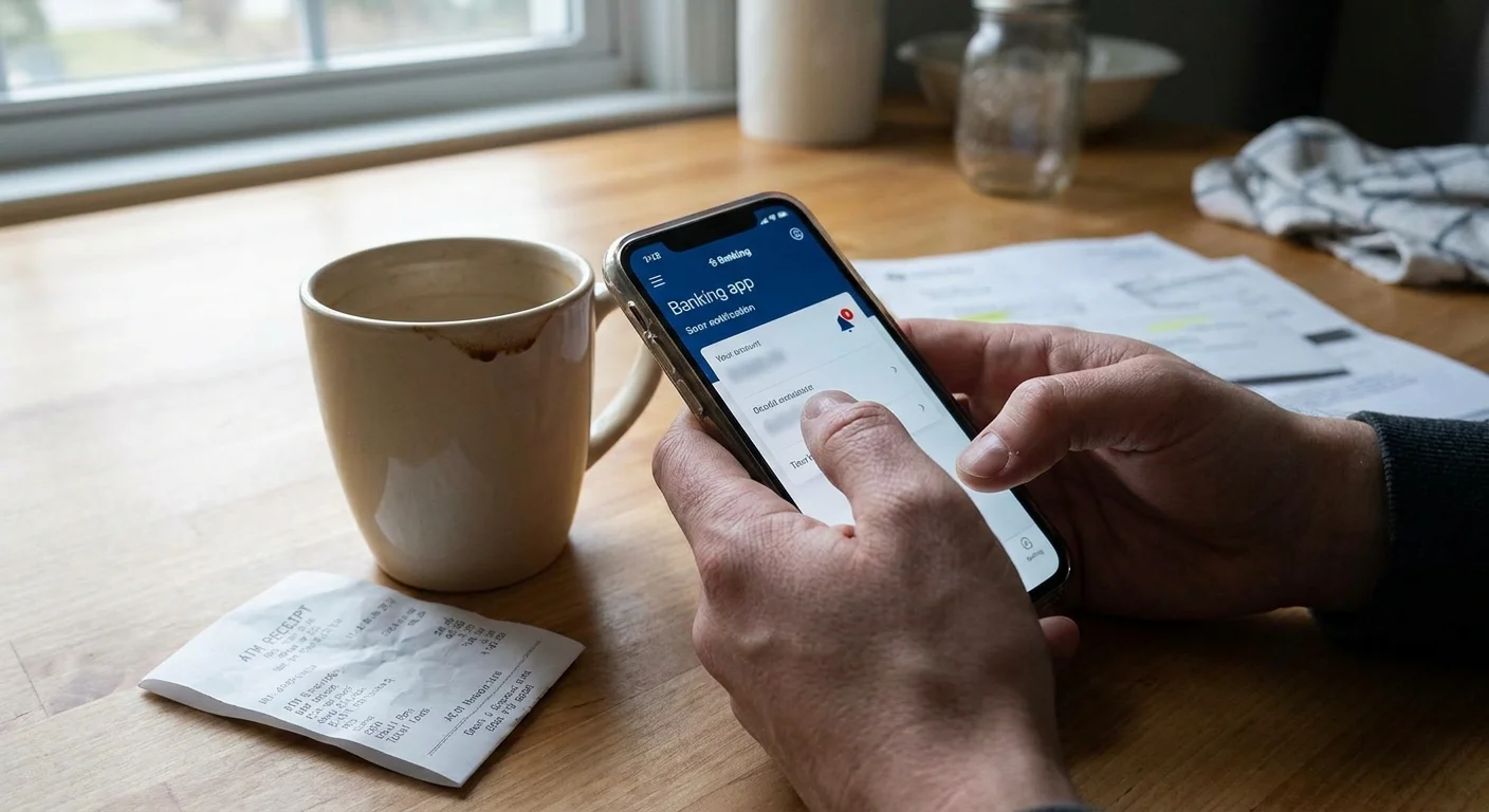 A first-person view of someone checking a banking app on their phone at a kitchen table.