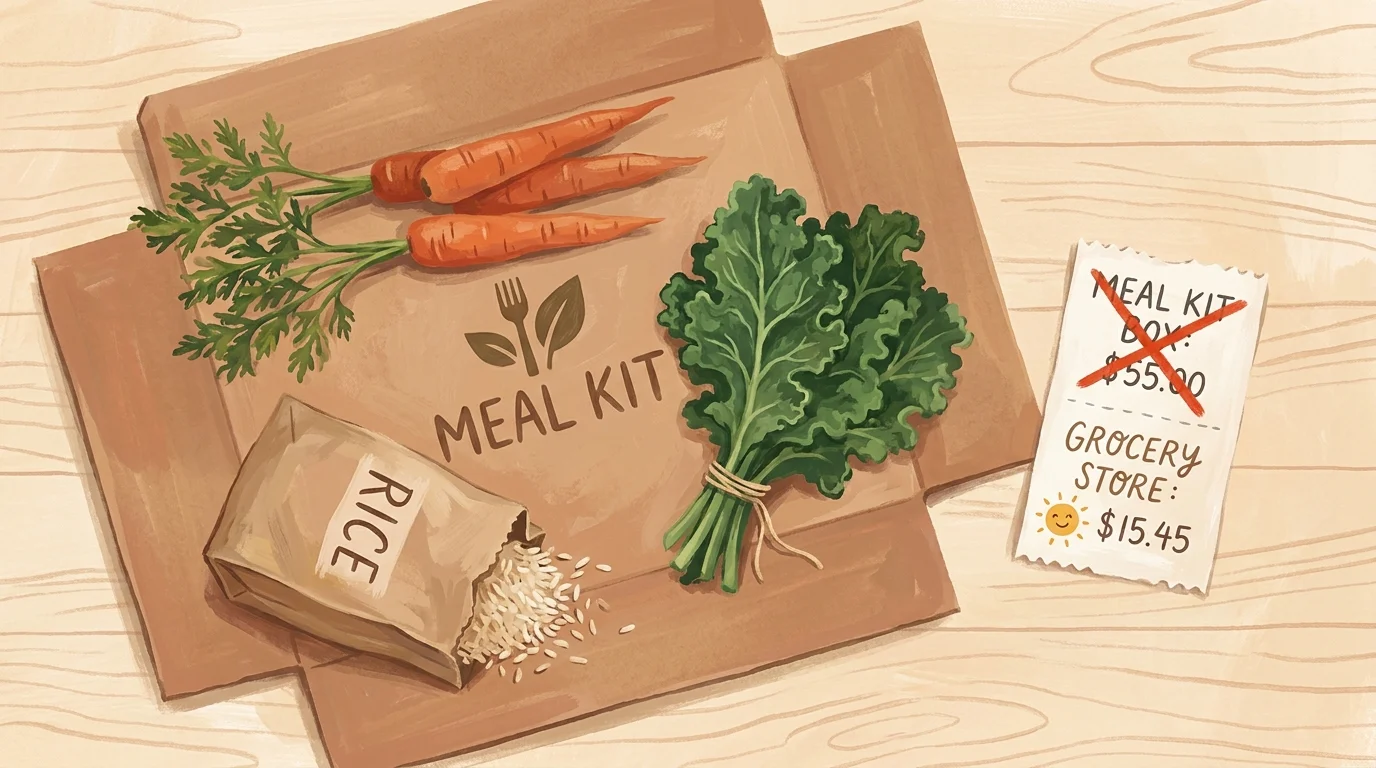A flat-lay illustration of fresh vegetables on an unfolded meal kit box with a receipt showing grocery savings.
