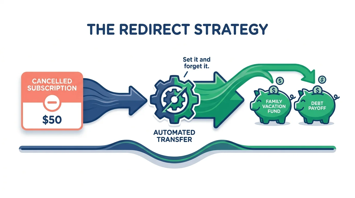 A flowchart showing money moving from a canceled subscription into a savings fund via an automated transfer.