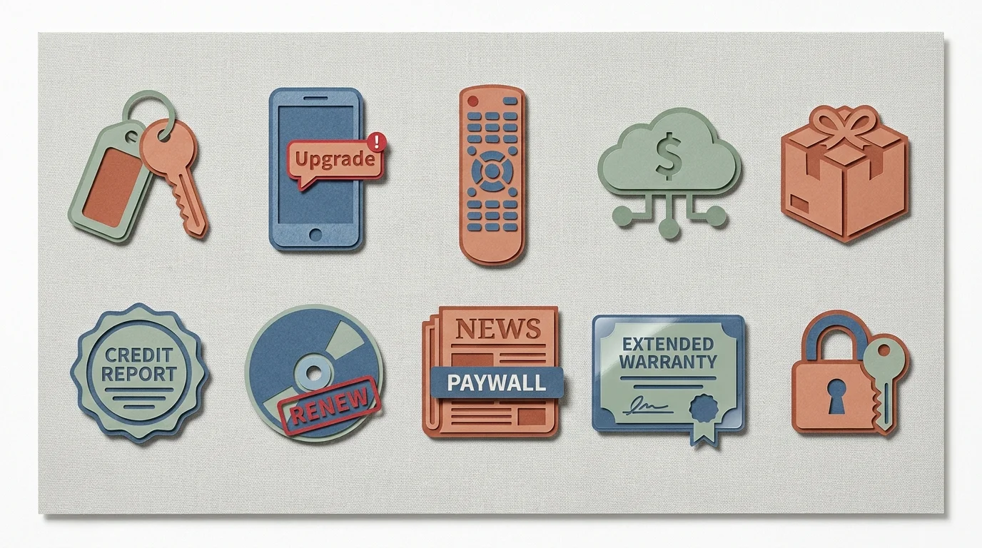 A grid of 10 stylized paper-cut icons representing different subscription categories like gym, streaming, and cloud storage.