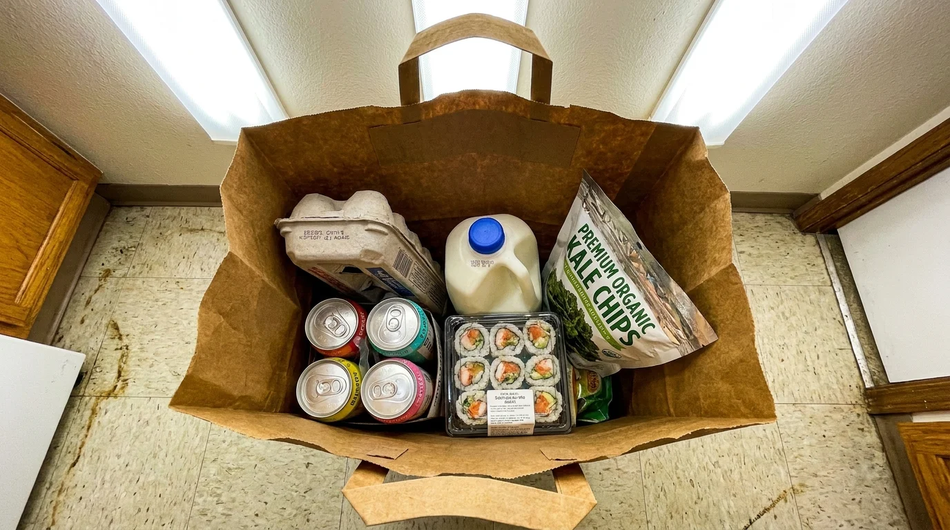 A grocery bag containing a mix of basic staples and expensive, trendy snacks.