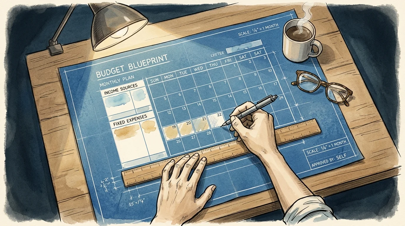 A hand-drawn blueprint of a budget calendar on blue paper, showing a structured plan for income and expenses.