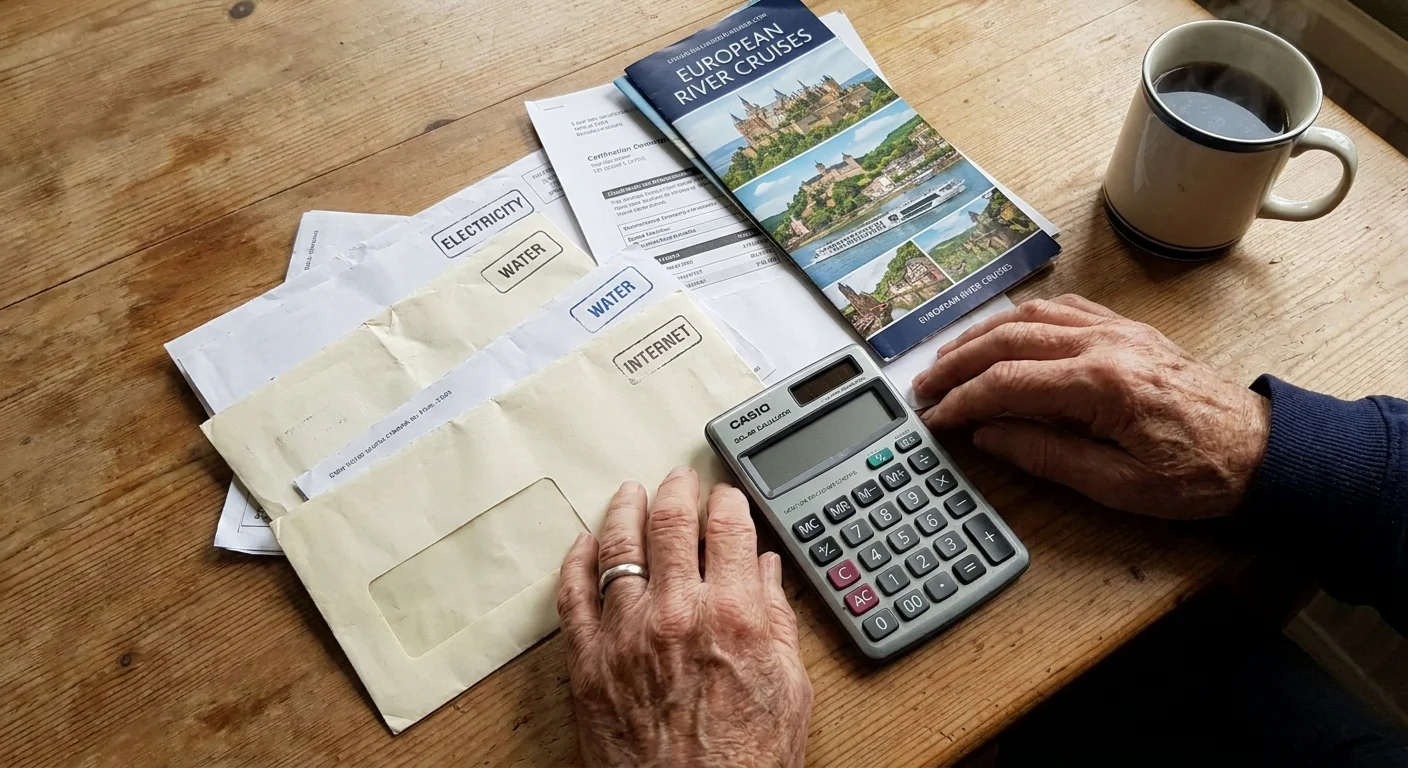 A high-angle photo of a senior's hands on a kitchen table next to bills and a travel brochure, depicting budget planning.