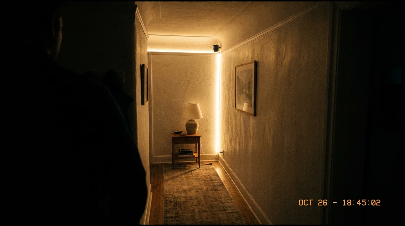 A home hallway illuminated by a warm LED light triggered by a motion sensor at dusk.