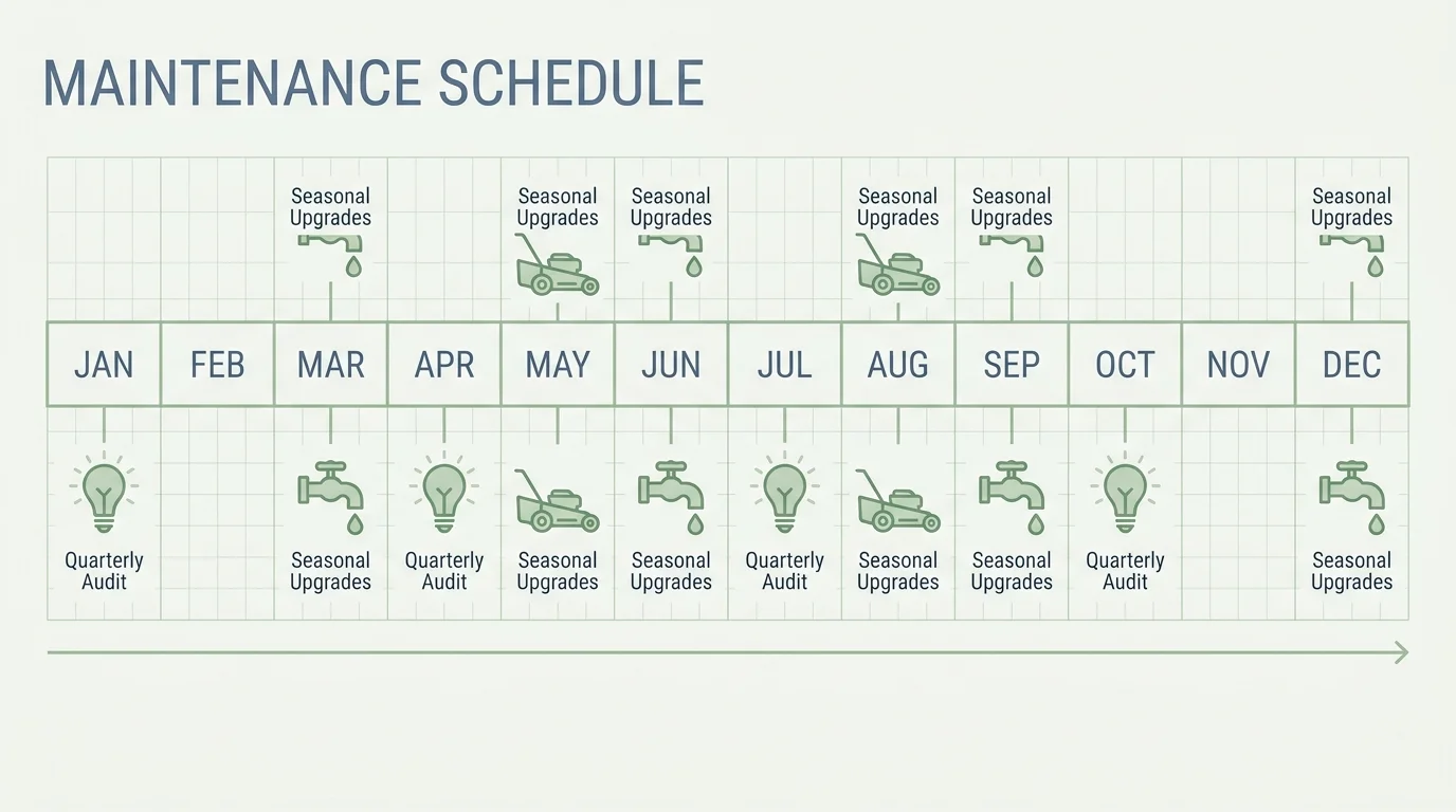 A horizontal calendar diagram showing icons for different home maintenance tasks scheduled throughout the year.