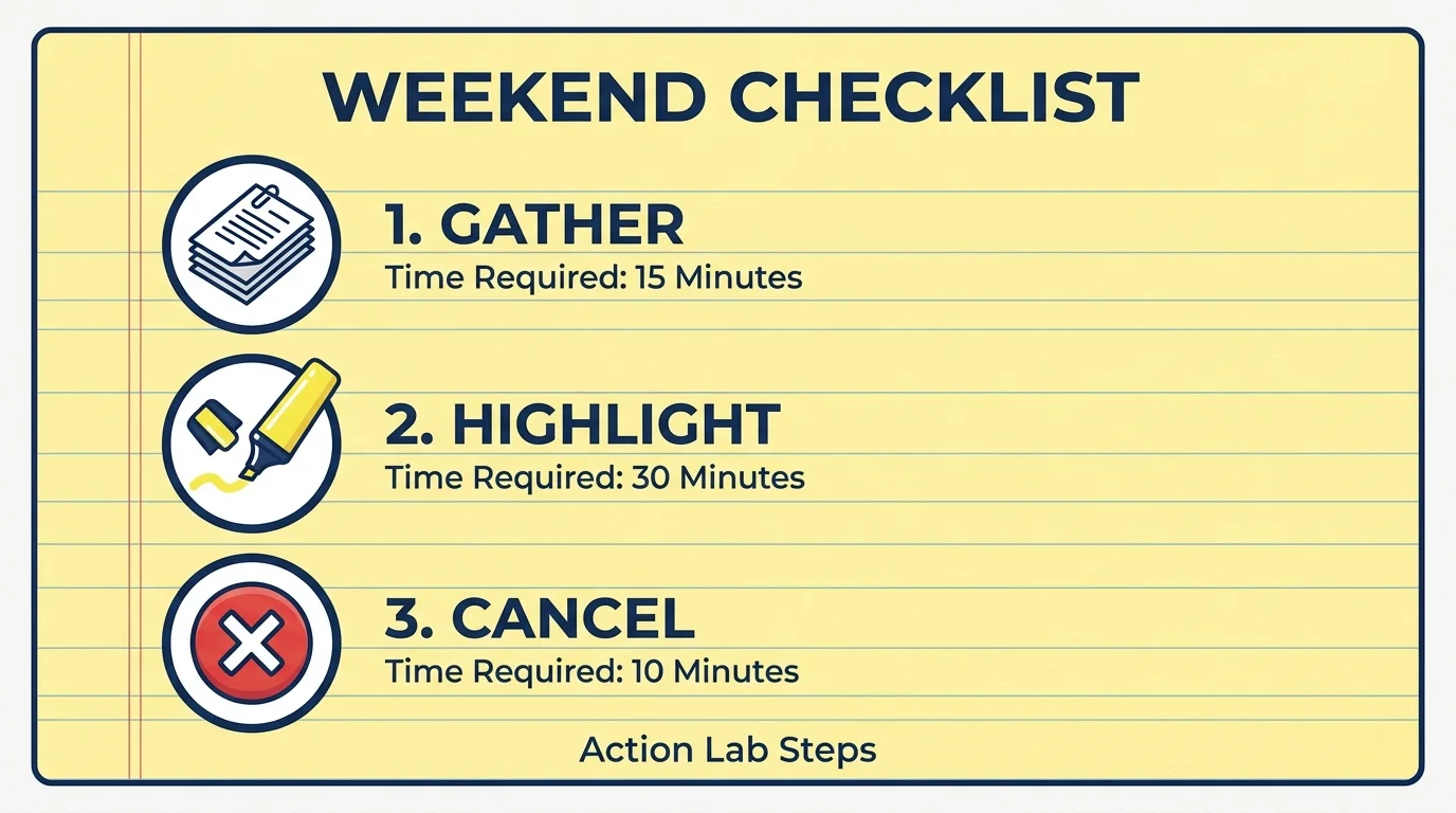 A horizontal checklist diagram for a 'Weekend Budget Tweak' with steps to gather, highlight, and cancel subscriptions.