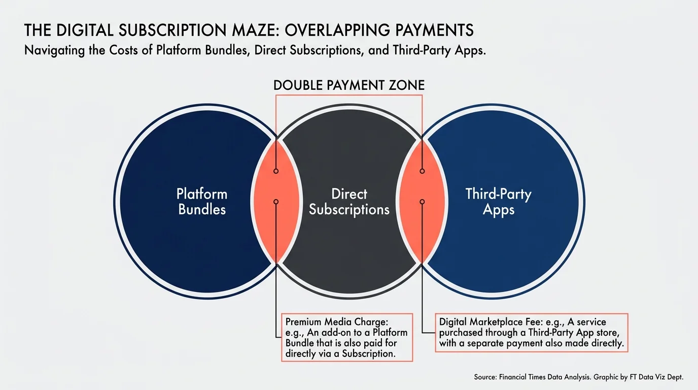A horizontal Euler diagram showing the overlap between platform bundles and direct subscriptions, labeled as the 'Double Payment Zone'.