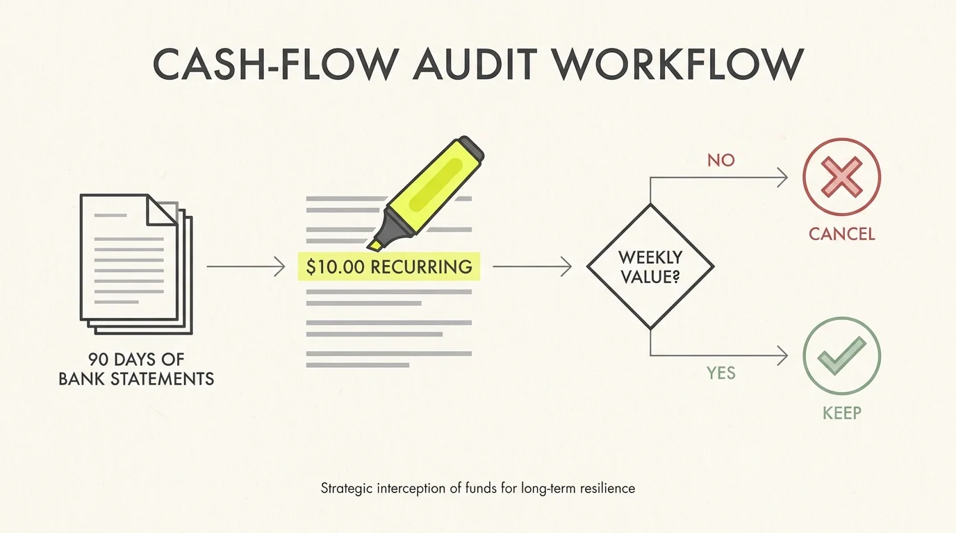 A horizontal flowchart showing the steps of a cash-flow audit, from reviewing bank statements to canceling unused subscriptions.
