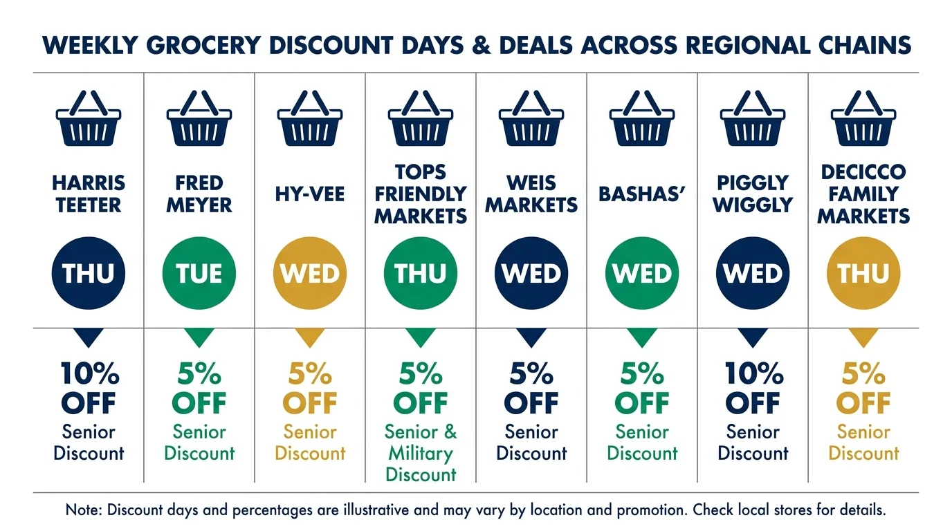 A horizontal infographic listing eight grocery chains and their specific senior discount days and percentages.