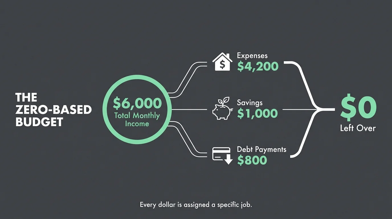 A horizontal infographic showing a $6,000 income being divided into expenses, savings, and debt until zero dollars remain.