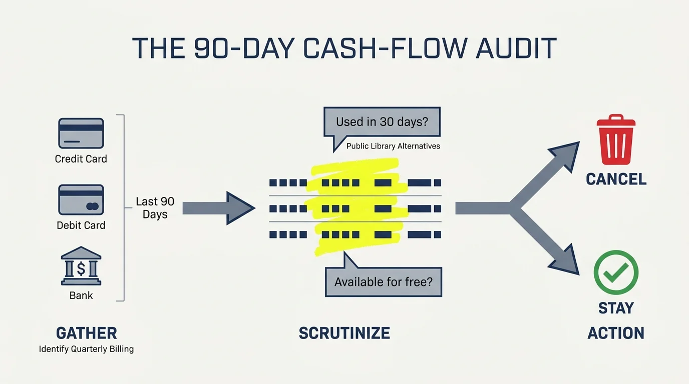A horizontal process diagram showing the steps of a cash-flow audit: gathering 90 days of statements, scrutinizing lines, and canceling.