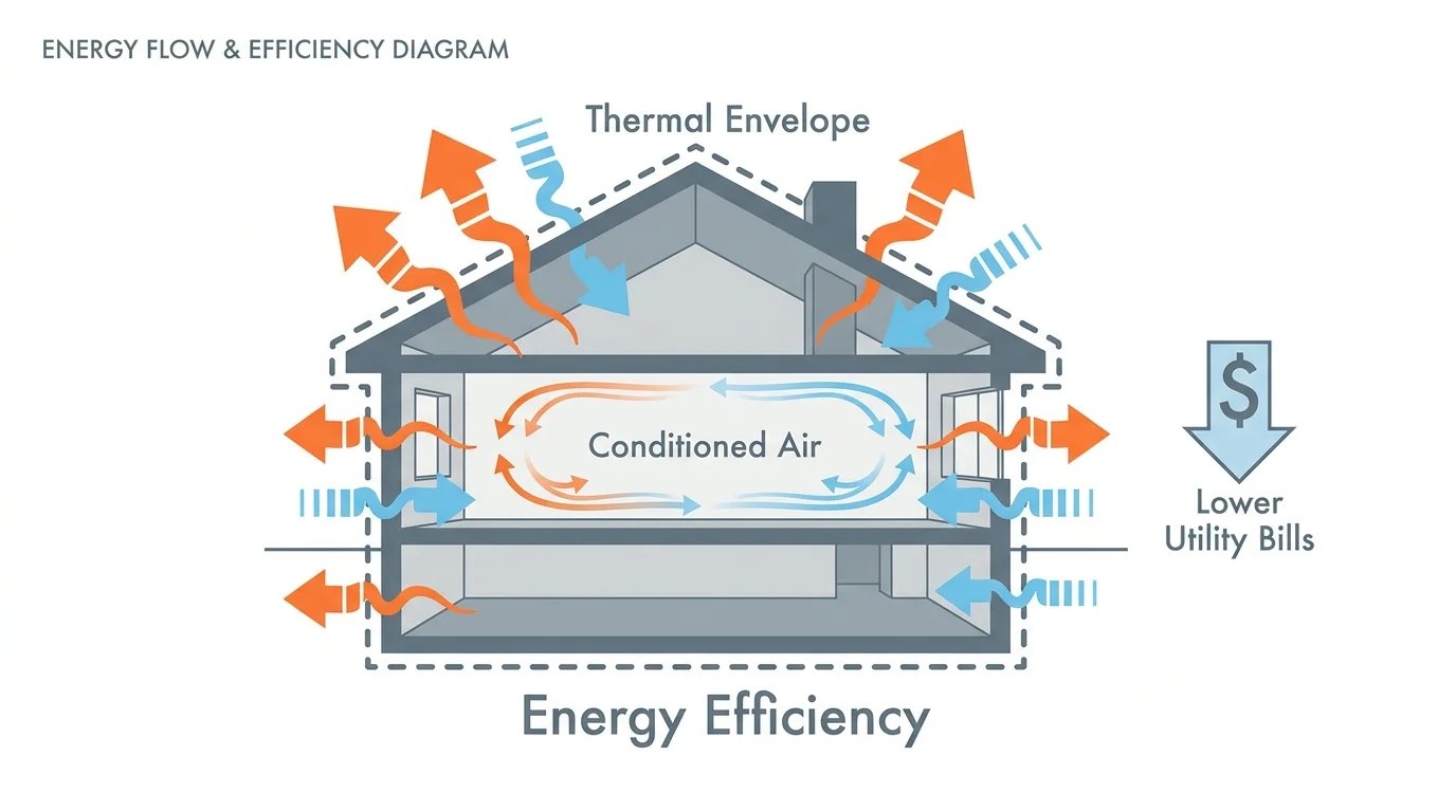 A house diagram showing heat loss through walls and roof, labeled with energy efficiency terms.