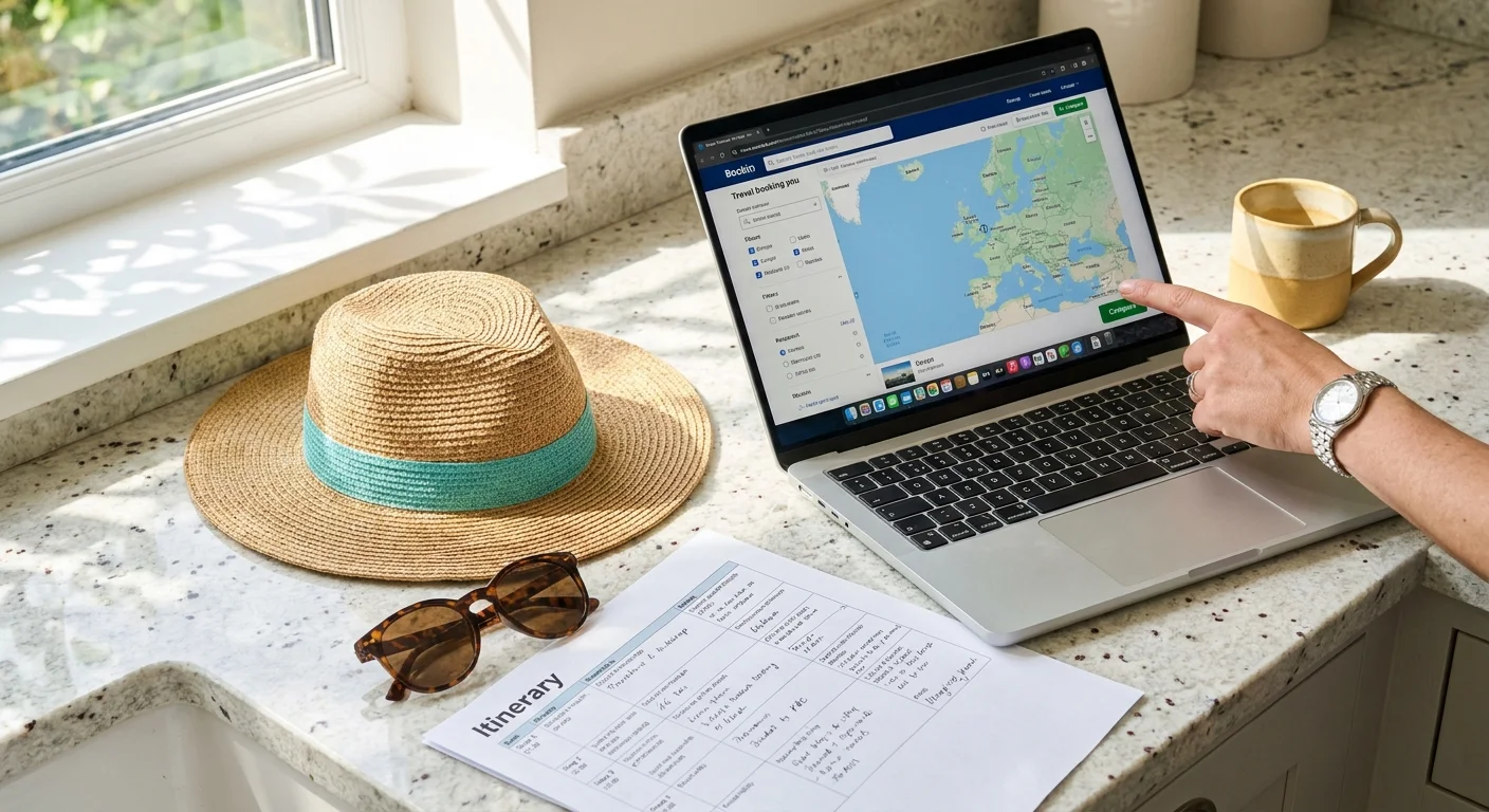 A laptop open to a travel site on a sunlit kitchen counter next to a sun hat and glasses.