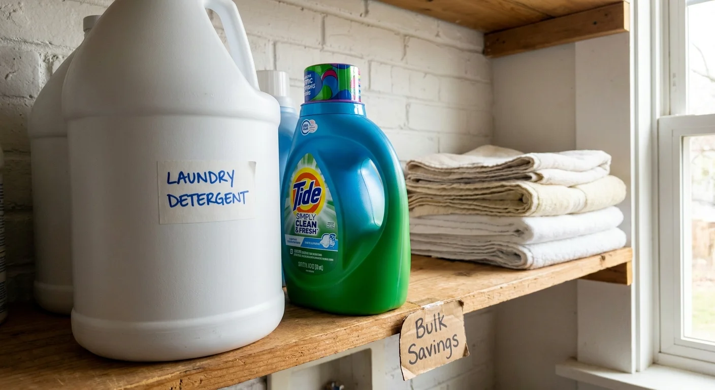 A laundry room shelf showing a large generic detergent bottle next to a smaller name-brand one, emphasizing bulk value.