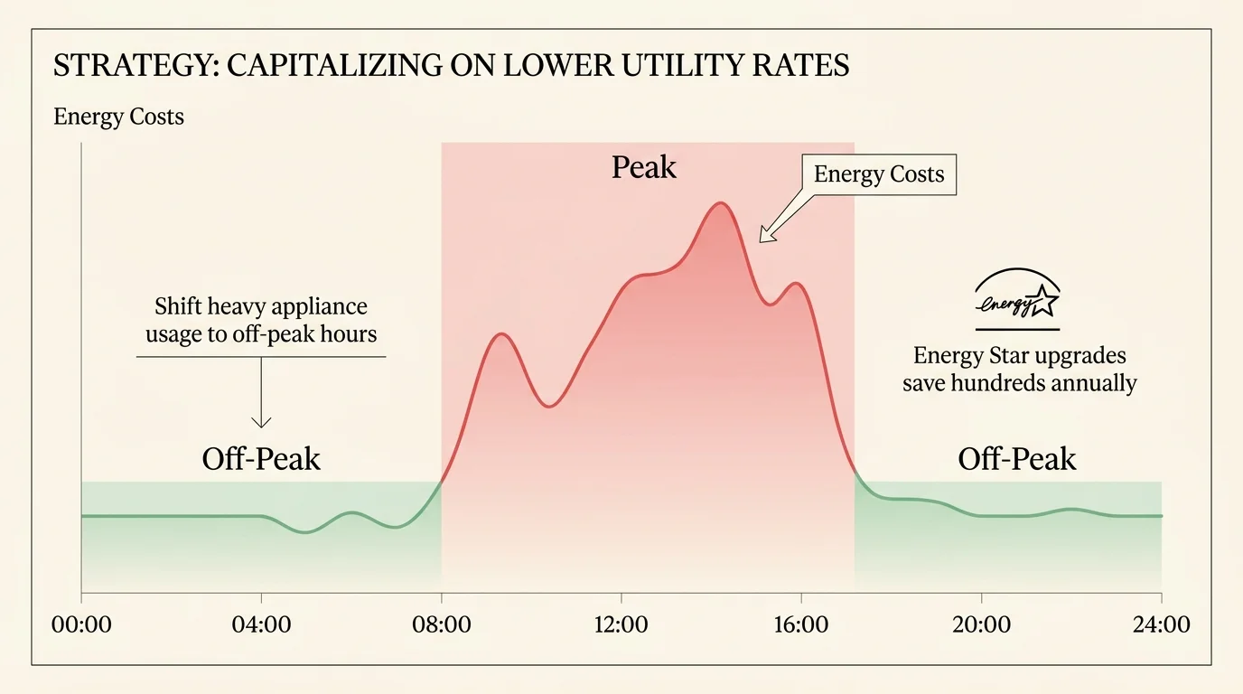A line graph showing daily energy costs, highlighting off-peak hours as a time to save on utility bills.