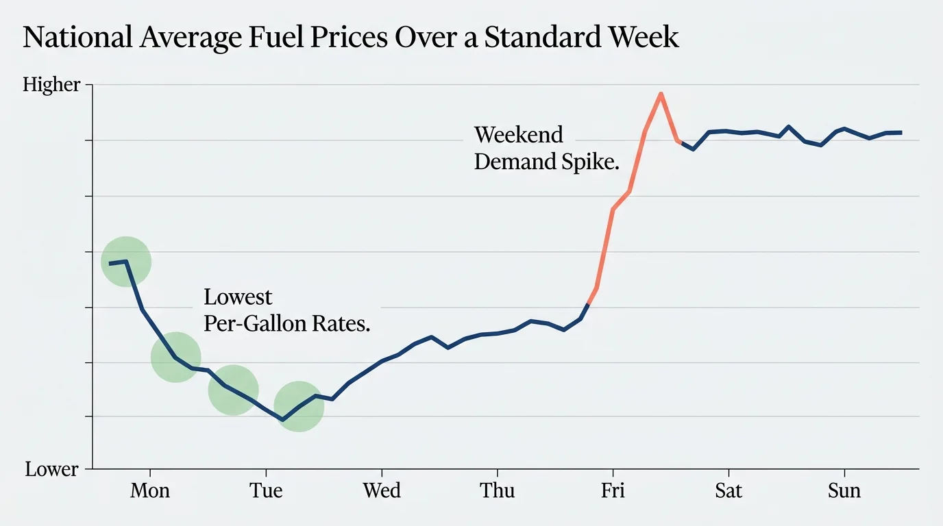 A line graph showing that gasoline prices are lowest on Mondays and Tuesdays and peak on Fridays.