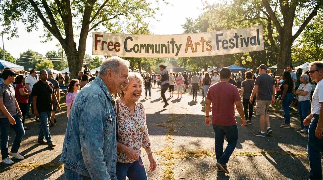 A lively outdoor community arts festival with a banner and seniors laughing in the foreground.