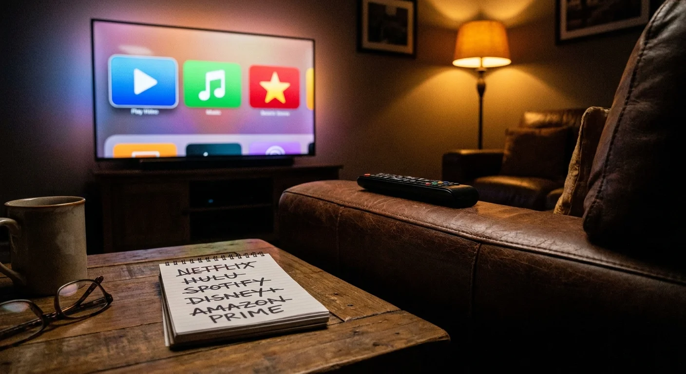 A living room scene with a TV menu in the background and a notepad showing a list of cancelled subscriptions in the foreground.