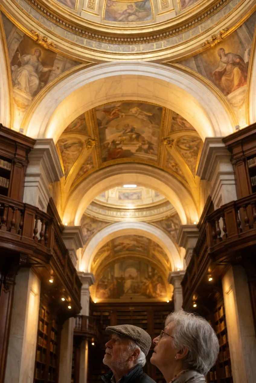 A low-angle photo looking up at a grand museum ceiling, with travelers admiring the architecture.