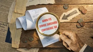 A magnifying glass revealing red 'hidden fee' labels on a standard receipt, part of a paper collage.