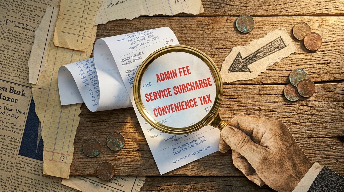 A magnifying glass revealing red 'hidden fee' labels on a standard receipt, part of a paper collage.
