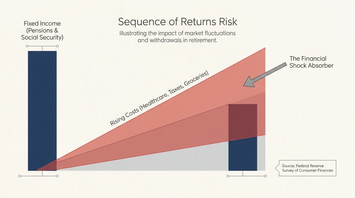 A minimalist diagram showing a gap between fixed income and rising costs, highlighting the need for a financial shock absorber.