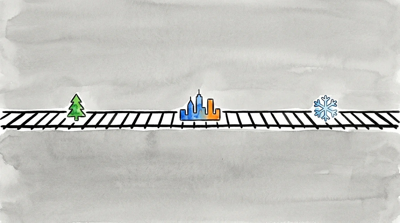 A minimalist illustration of a railway track carrying icons of different travel destinations.