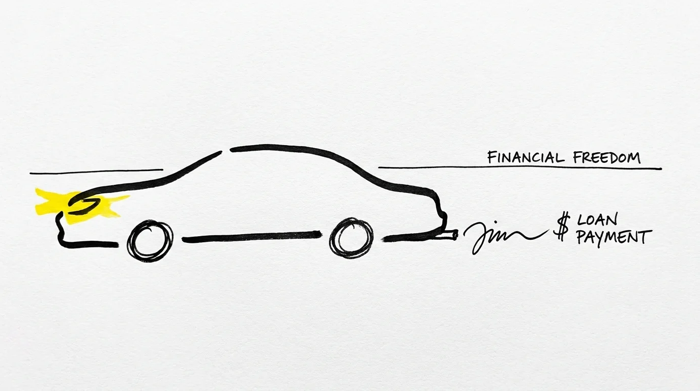 A minimalist ink sketch of a car trailing a signature line from a check.