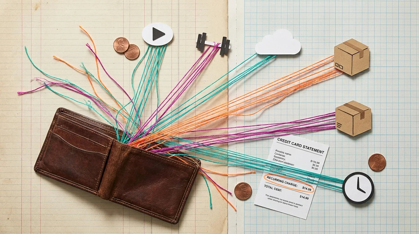A mixed media collage of a wallet with neon threads pulling toward various subscription icons like streaming, gyms, and cloud storage.