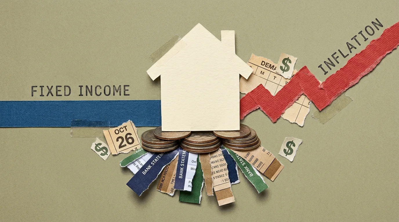 A mixed-media collage showing a paper house protected by a foundation of savings, contrasting fixed income and rising inflation.