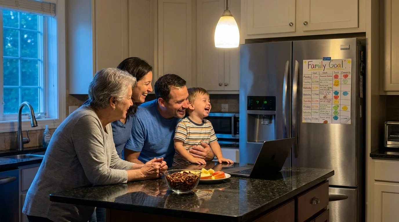 A multigenerational family gathering in a kitchen, looking at a goal chart and laughing together.
