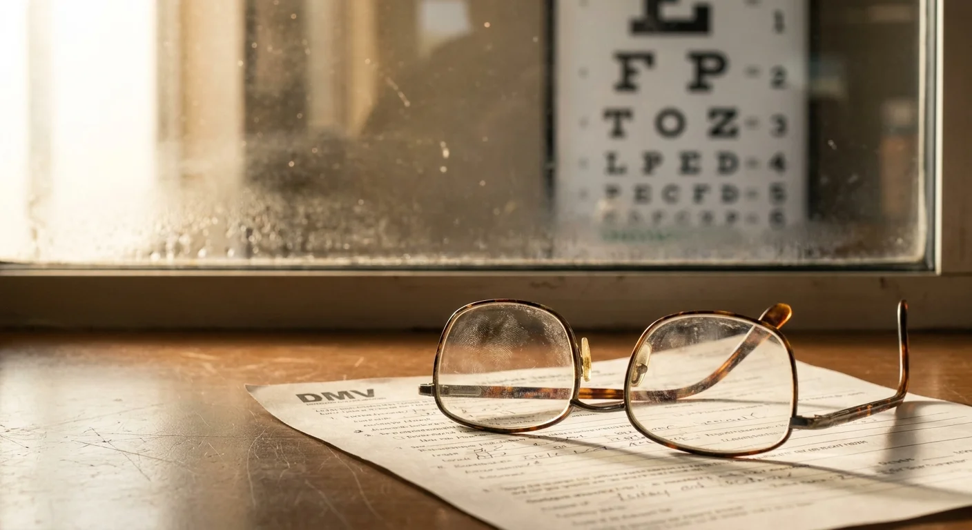 A pair of glasses resting on a DMV form with a vision chart in the background.