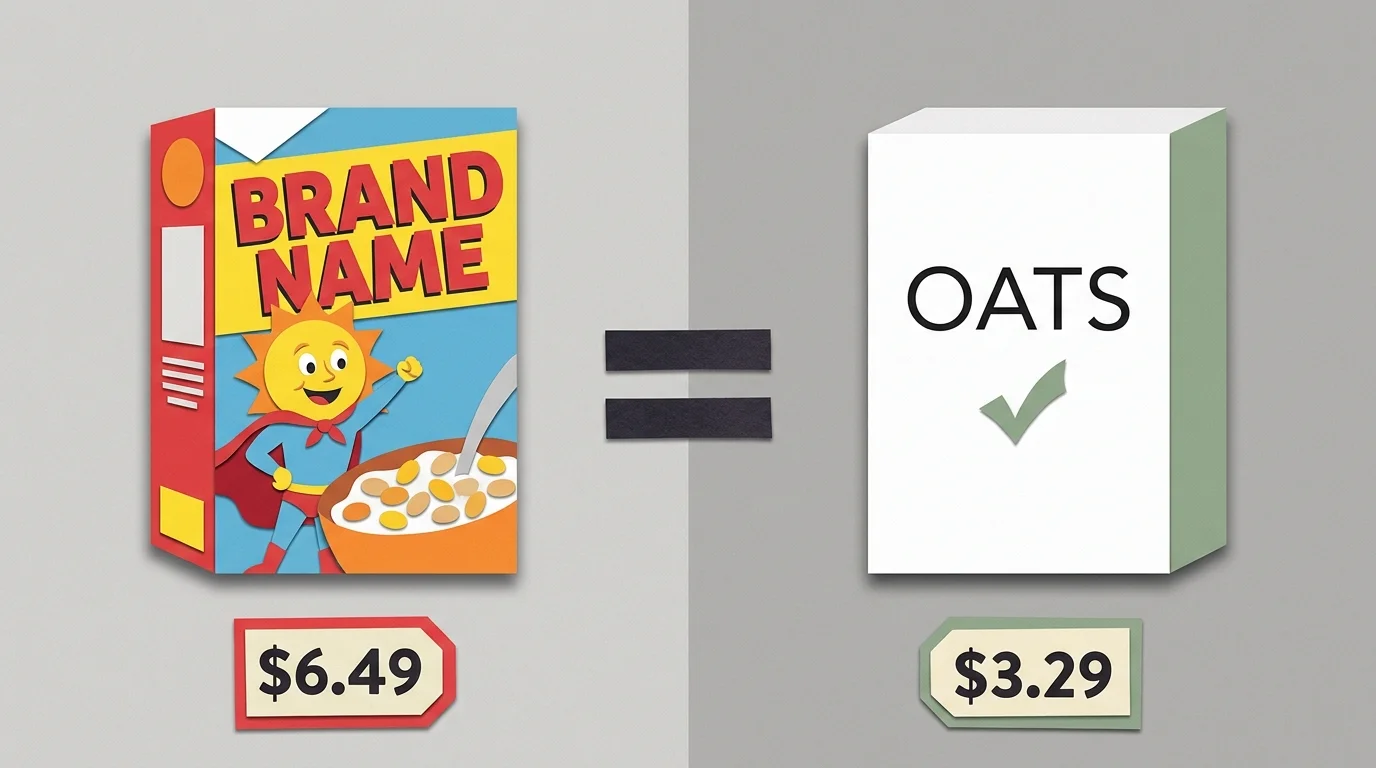 A paper-cut style illustration comparing a branded cereal box with a generic version, showing a 50% price difference.