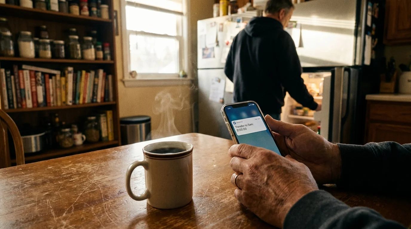 A parent's hand holding a phone showing a money transfer to their adult son in a sunlit kitchen.