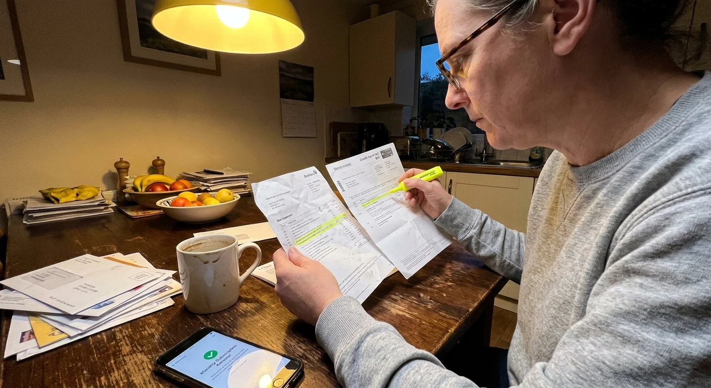 A person at a kitchen table at home, using a highlighter to review paper bank statements under warm light.