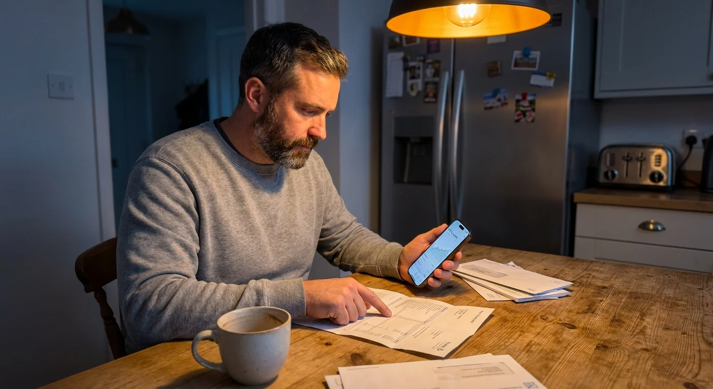 A person at a kitchen table under warm lighting, scrutinizing a bank statement and a phone to find hidden subscription charges.
