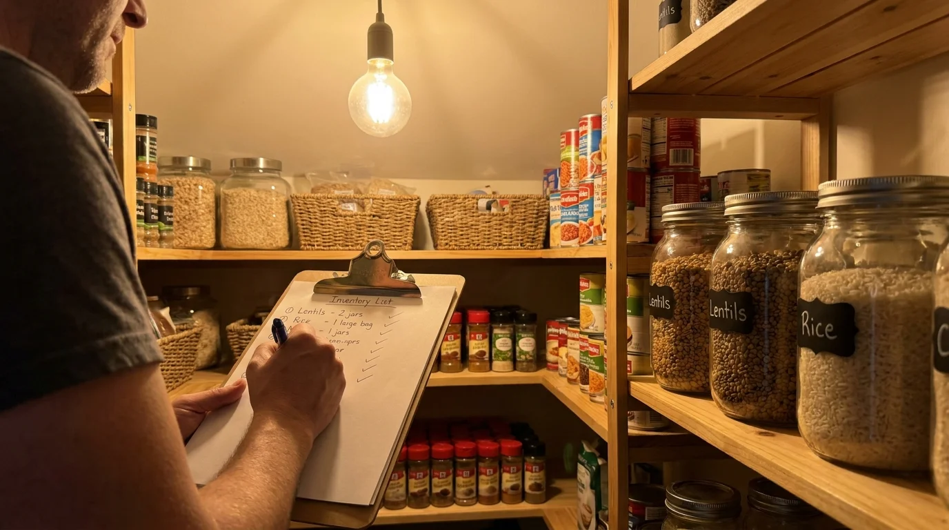 A person checking a clipboard while inventorying a kitchen pantry filled with bulk staples and canned goods.