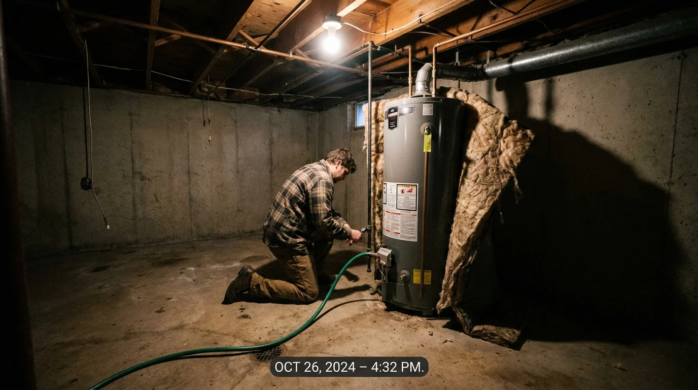 A person in a basement flushing a water heater with a garden hose attached to the drain valve.